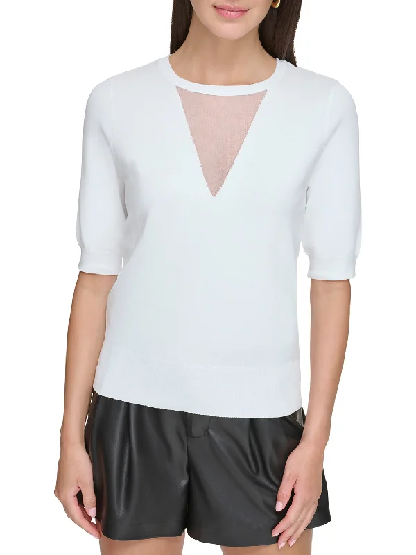 Dkny Women White Solid Round Neck Short Sleeves Sweater Zippered Buttoned Snapped