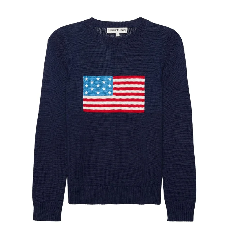 Ellsworth+Ivey Women's American Flag Crewneck Sweater Cotton Fabric Linen Fabric Terry Fabric