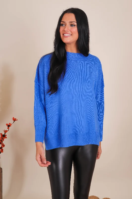 Find the Connection Sweater-Blue Turtle Neck Boat Neck Asymmetrical Neck