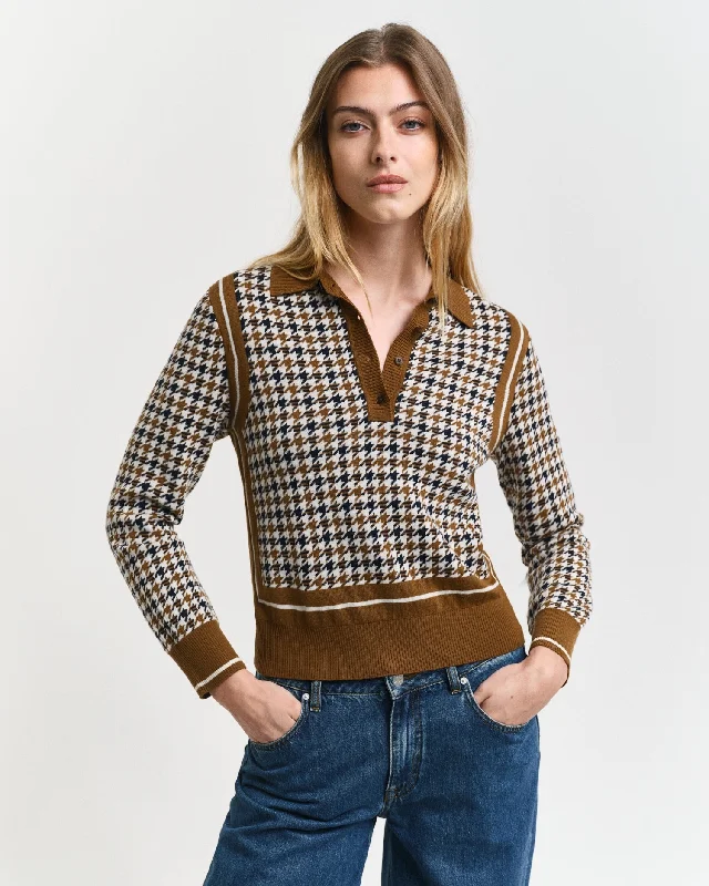 Gant Women Brown Checked Collar Neck Full Sleeves Sweater Slim Fit Regular Fit Oversized