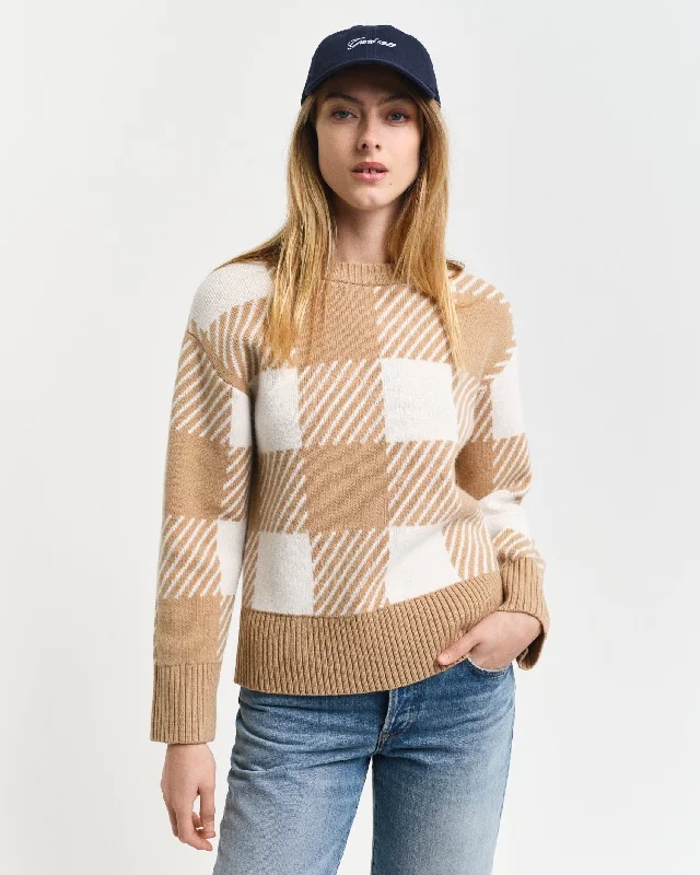 Gant Women Beige Checked Round Neck Full Sleeves Sweater Notch Collar Peter Pan Collar Cowl Neck