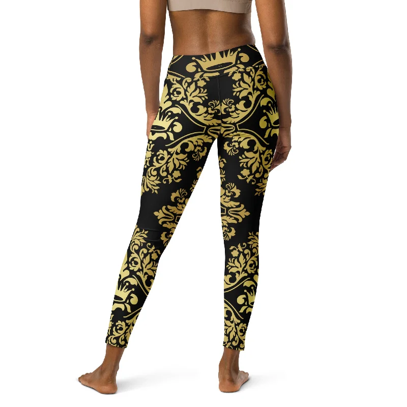 Gold and Black Crown Design Yoga Leggings, lioness-love Fashionable Smooth Fit Leggings