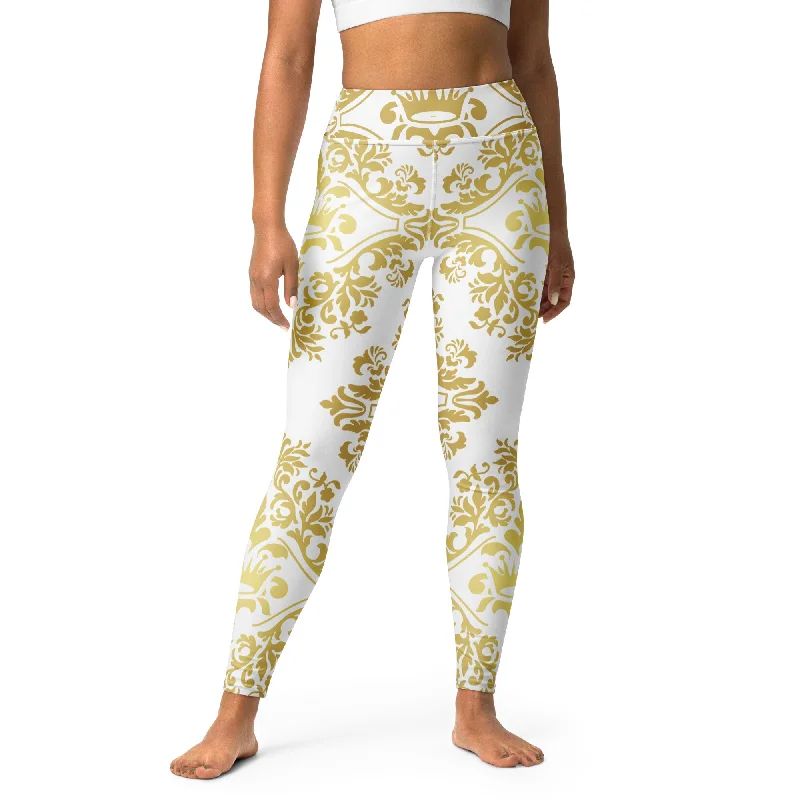 Gold and White Crown Design Yoga Leggings, lioness-love Comfortable Ribbed Waistband Leggings