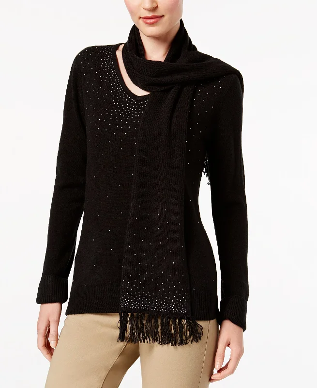 Karen Scott Luxsoft Studded Detachable Scarf Sweater Mesh Blend Leather Blend Suede Blend