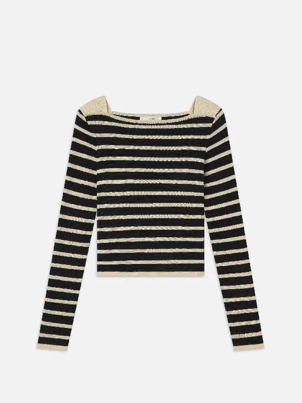 Striped Boatneck Sweater -- Black Multi Ribbed Striped Patterned