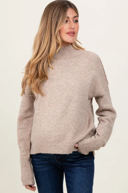 Light Taupe Mock Neck Contrast Seam Maternity Sweater Casual Formal Business