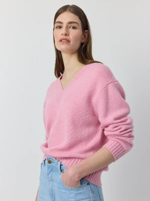 Luxe  Cashmere V Neck Sweater - Pink Melange Ribbed Striped Patterned