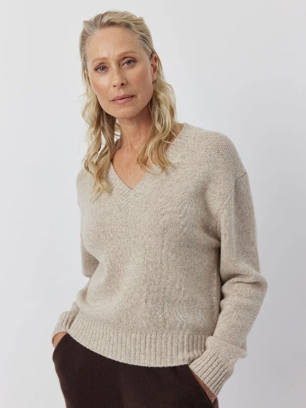 Luxe  Cashmere V Neck Sweater - Beige Melange Transparent Opaque Sheer