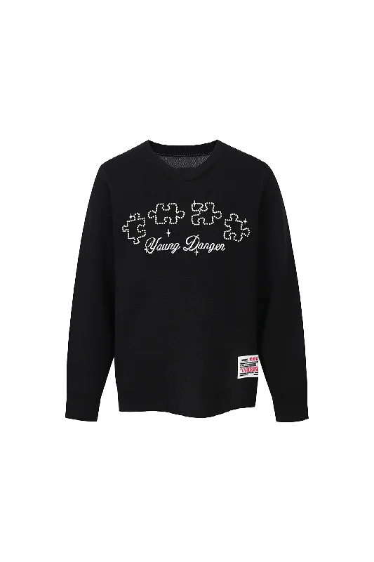 Puzzle Pearl Jacquard Slogan Knit Sweater Velvet Chenille Corduroy