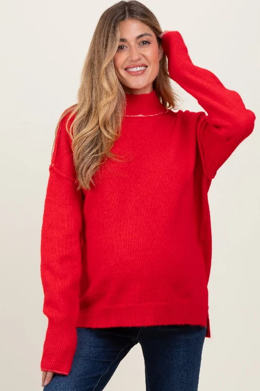 Red Mock Neck Contrast Seam Maternity Sweater Seamless Knitted Crochet