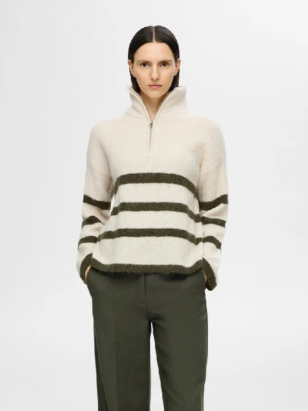 Selected Femme Maline Zip Sweater in Birch Kalamata High Neck Crew Neck V-Neck