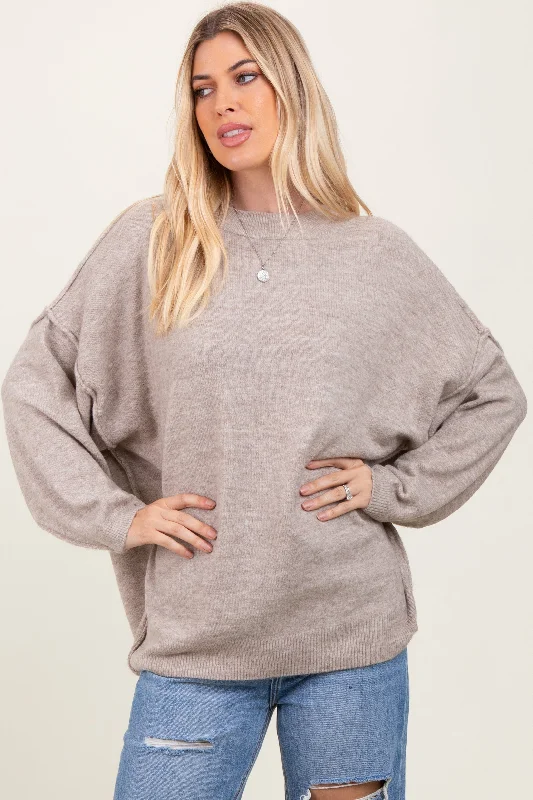 Taupe Oversized Crewneck Melange Knit Sweater Handmade Hand-knitted Hand-woven