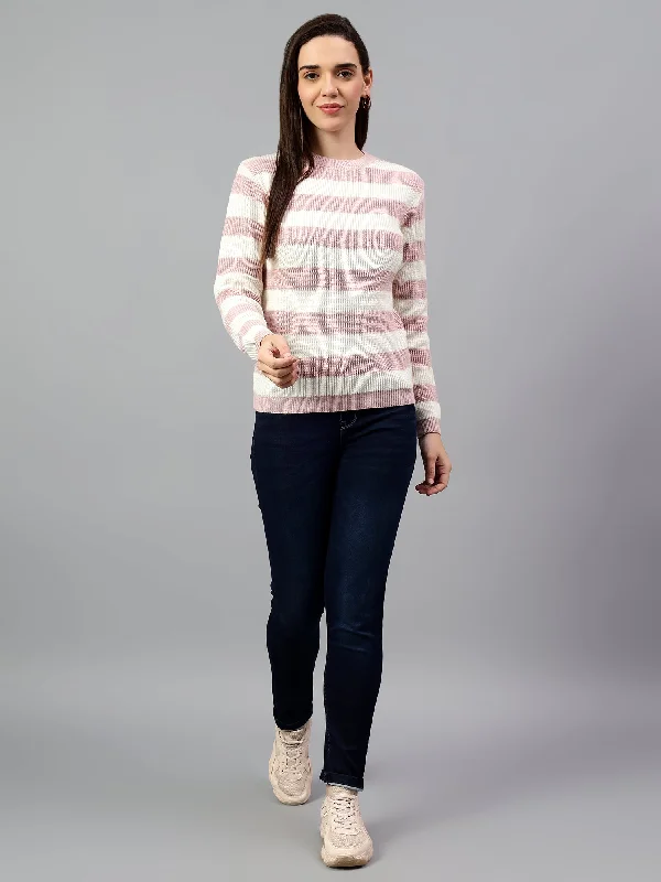 Women's Striped Pink Full Sleeve Casual Sweater Cable Knit Ribbed Knit Lace Knit