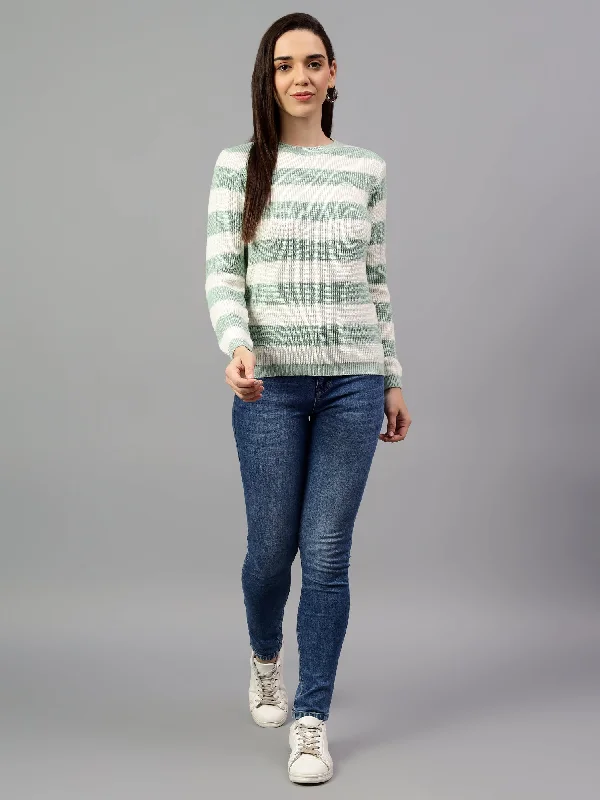 Women's Striped Sea Green Full Sleeve Casual Sweater Mesh Sweater Canvas Denim