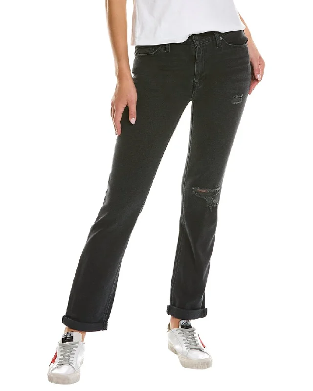 Hudson Jeans Nico Mid-Rise Black Ash Destruct Straight Ankle Jean Fashionable Button-Front Jeans