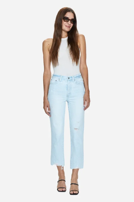 Pistola Charlie High Rise Straight Classic Jeans in Destination Distress Fashionable Frayed Hem Denim