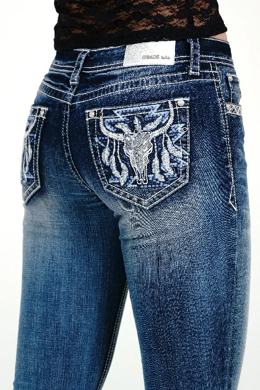 Steer Head Embellishment Mid Rise  Bootcut Jeans Casual Wide-Legged Denim Jeans