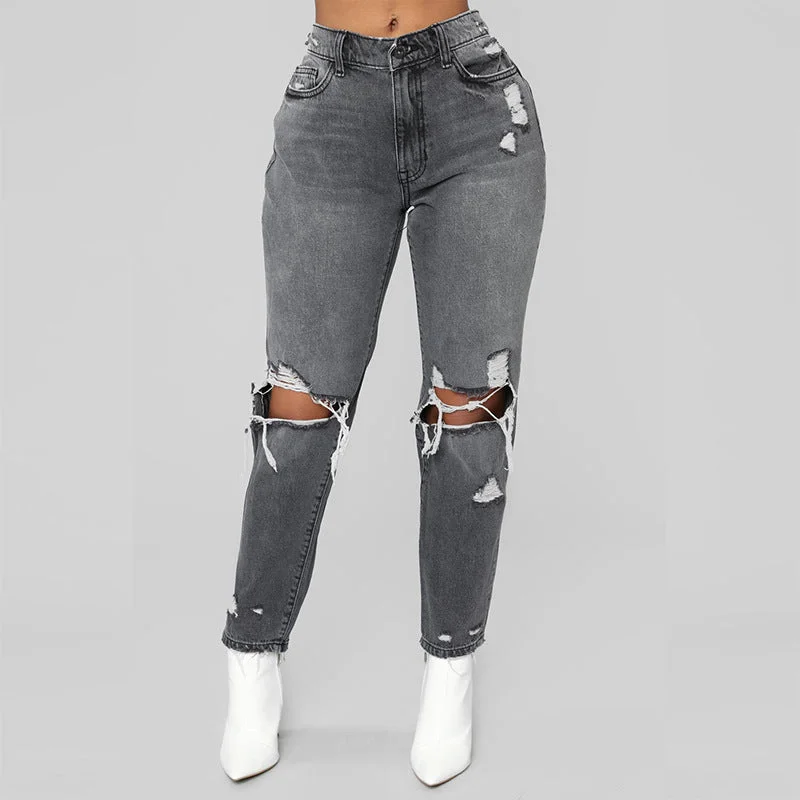 Ripped big hole fashion Jeans Women High Waist skinny pencil Denim Pants Elastic Stretch sexy slim fit gray Jeans women S-2XL Fashionable Vintage Wash Jeans