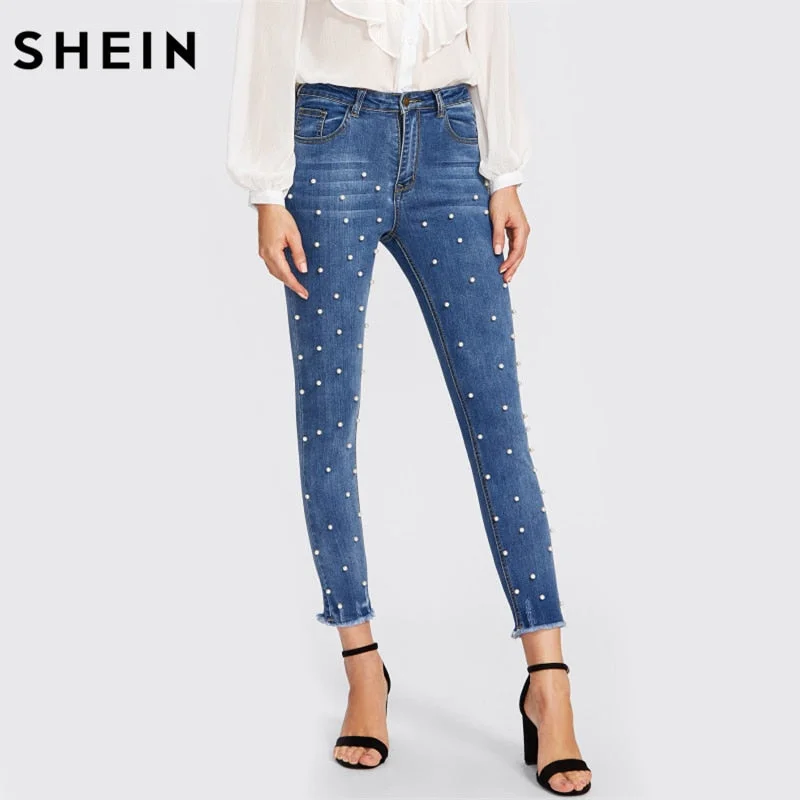 SHEIN Pearl Beaded Frayed Hem Jeans Casual Womens Skinny Jeans Denim Autumn High Waist Bleached Women Zipper Pants Trendy Wide-Leg High-Waist Denim