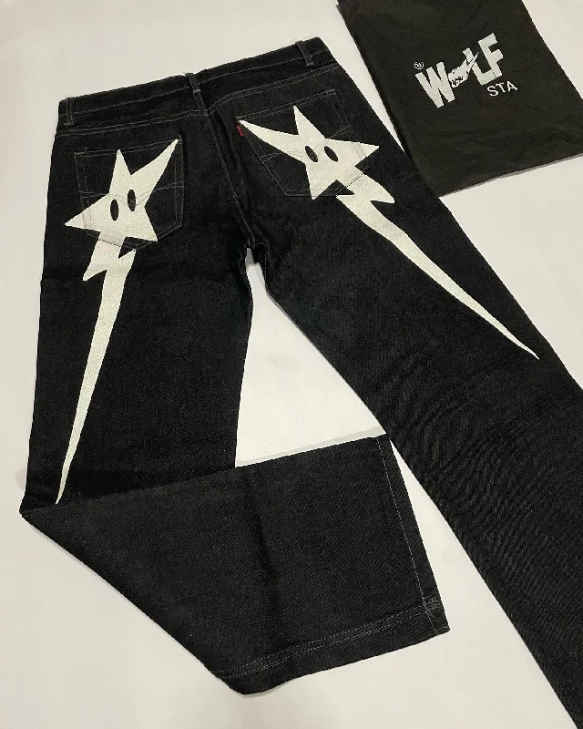 Bonsir Streetwear Y2k Jeans Hip Hop Star Print Baggy Jeans Black Pants Women Men New Harajuku Casual Hip Hop Gothic Wide Leg Trousers Fashionable Distressed Jeans