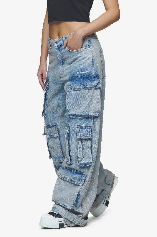 Celina High Waist Cargo Jeans Washed Pale Blue Trendy Button-Up High-Waist Jeans