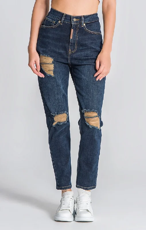 Dark Blue Core Mom Fit Jeans Trendy Layered Pocket Jeans