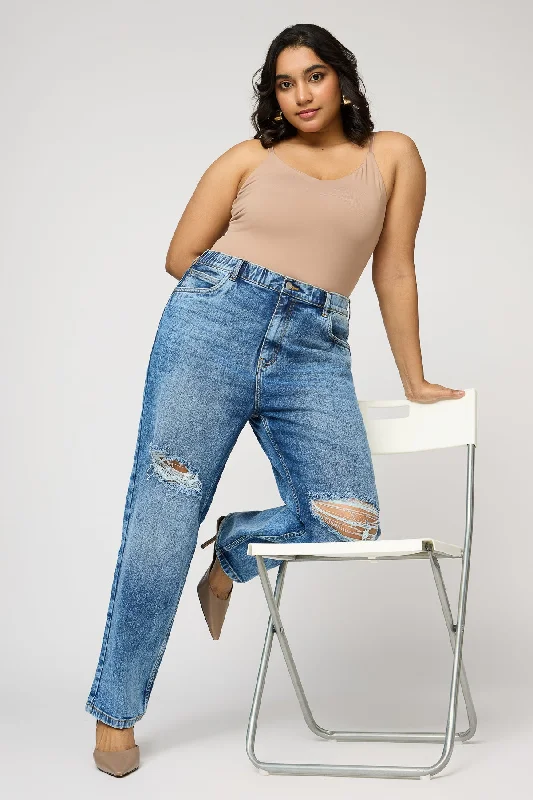 Urban Rips Curve Elasticated Mom Jeans Chic Double Waistband Jeans