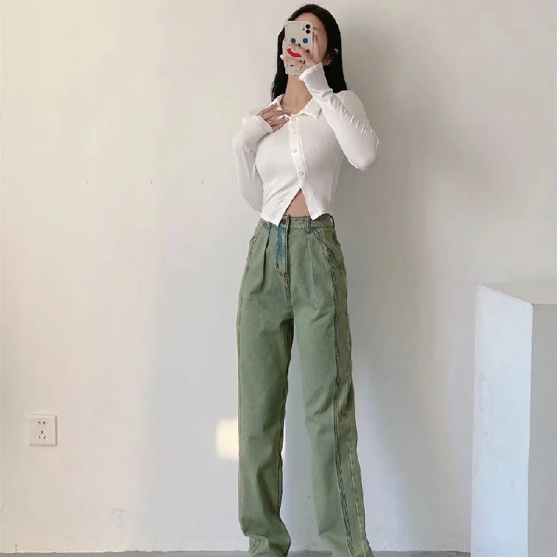 Fashion Personality Green Jeans Woman Stylish High-Rise Mom Jeans