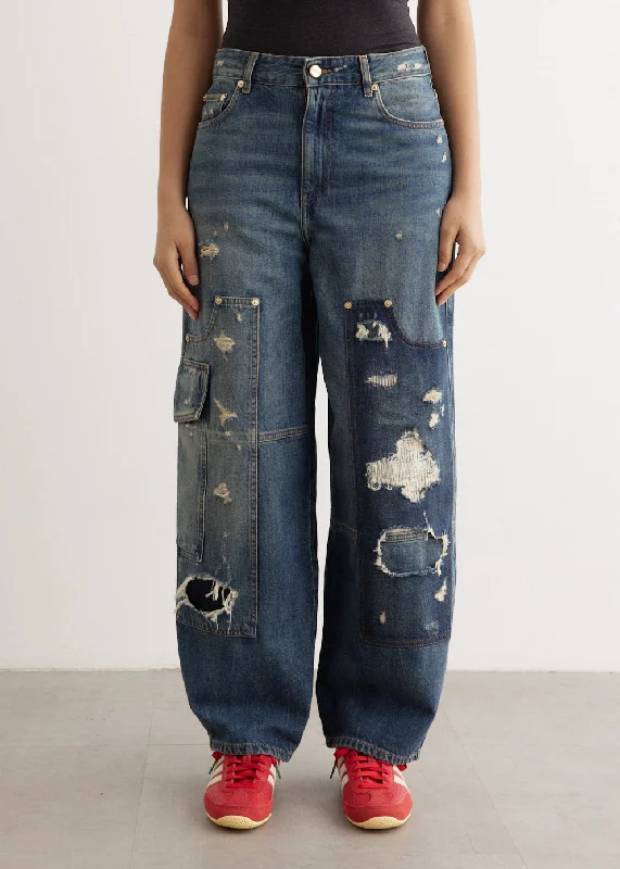 Heavy Washed Denim Carpenter Jeans Trendy Patchwork Denim Jeans