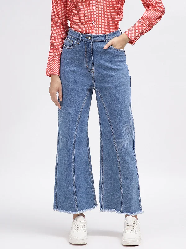 Iconic Women Blue Printed Flared Jeans Elegant Wide-Leg Jeans