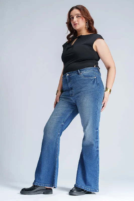 Indigo Inlet Curve Bootcut Jeans Elegant High-Waisted Flared Jeans