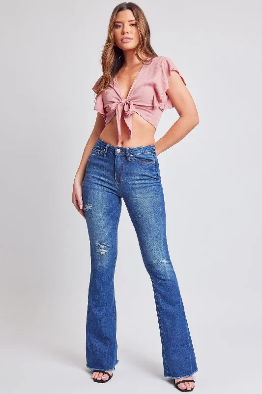 Women's High Rise Flare Jeans With Frayed Hem Chic Cropped Jeans