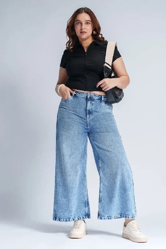 Light Azure 90's Curve Wide Flare Jeans Fashionable Straight Fit Denim