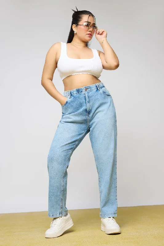 Light Blue Leisure Elasticated Curve Mom Fit Jeans Stylish High-Waist Jeans