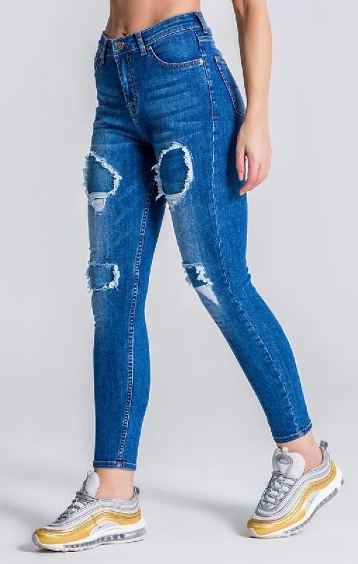 Medium Blue RR Ripped And Repair Jeans Stylish High-Waist Skinny Denim