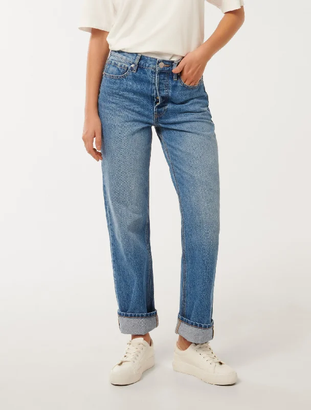 Nicole Turn Up Straight Jeans Trendy Pleated Waist Jeans