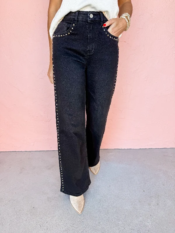 Dakota Studded Straight Jeans-Black Fashionable Relaxed Fit Denim