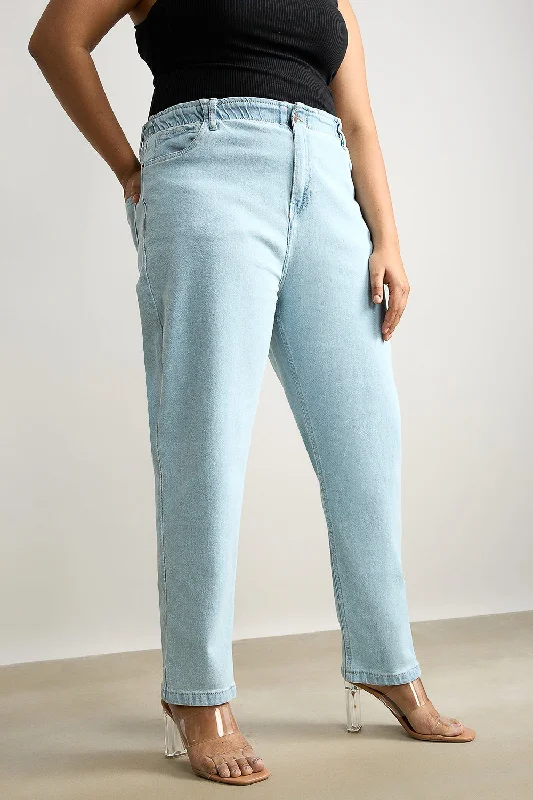 Stretchy Light Wash Mom Jeans Fashionable Raw Edge Jeans