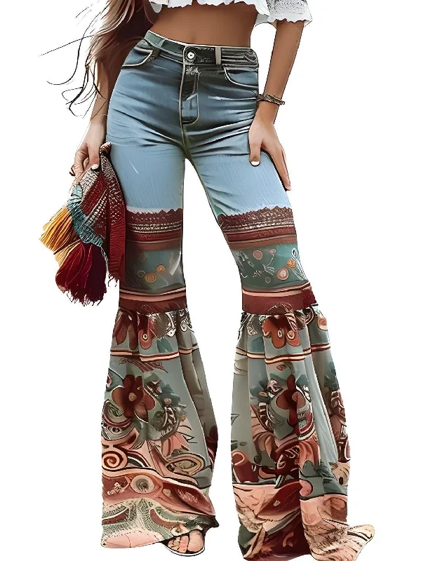 Vintage Floral Patchwork Jeans Women's High Waist Slim Fit Casual High Street Flared Pants Trendy Low-Rise Bootcut Jeans