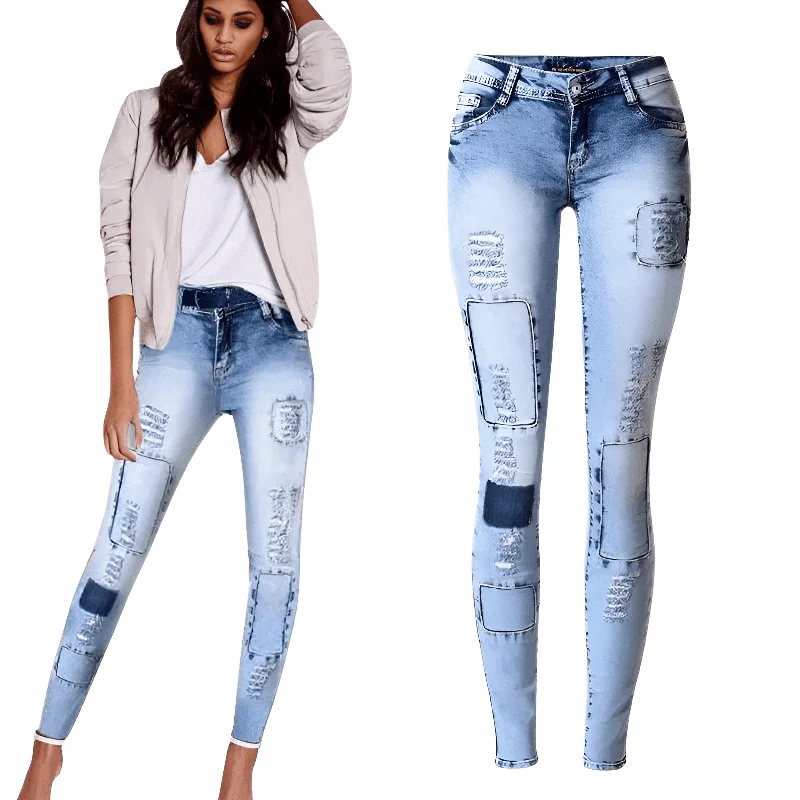 Women's Low Waist Light Blue Patchwork Skinny Jeans Comfortable Ankle Jeans