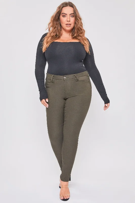 Women's Plus Size Hyperstretch Skinny Jeans, Dark Olive Trendy Paperbag Waist Jeans